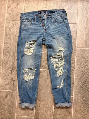 Hollister Distressed Boyfriend Buttonfly Ripped Blue Jeans size 1R